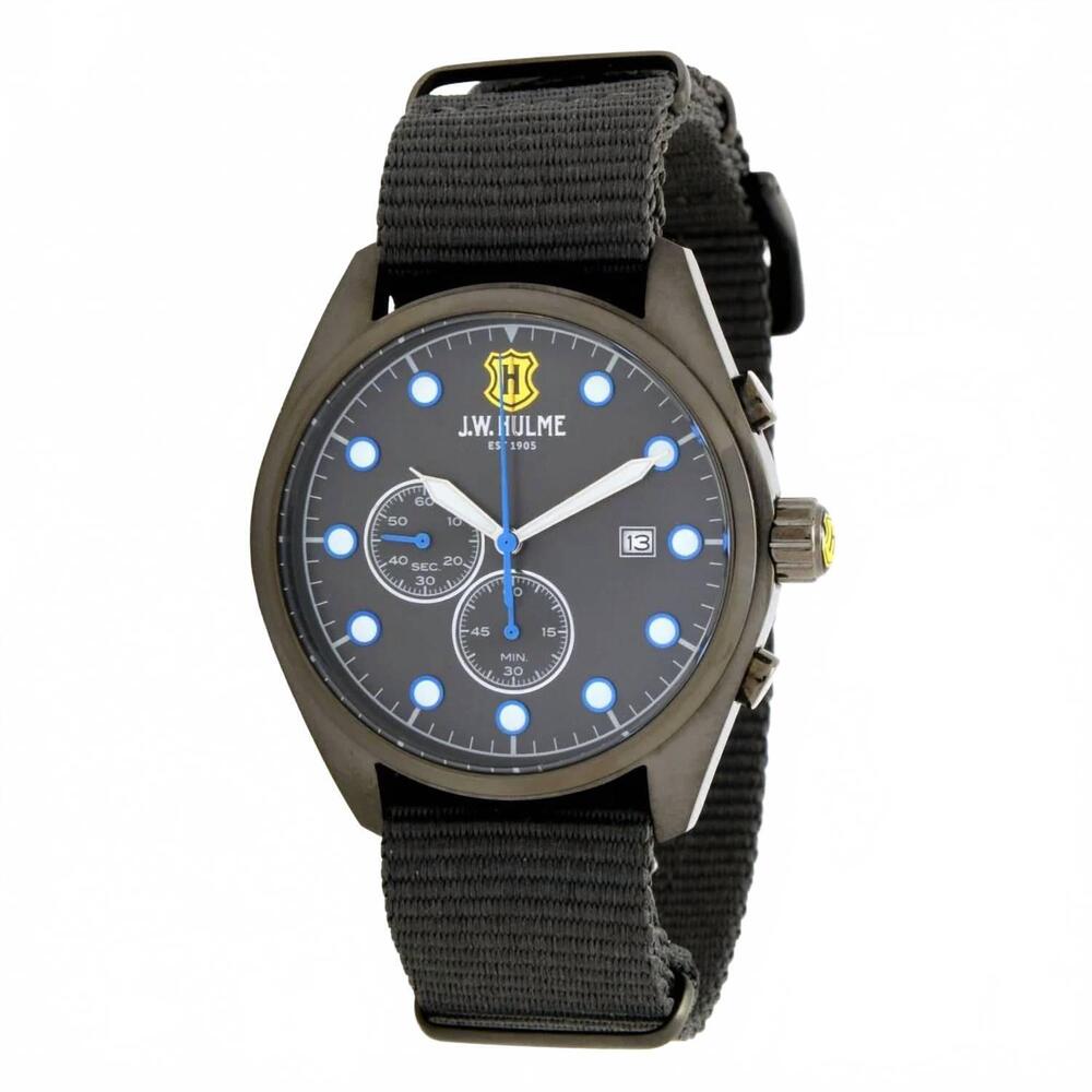NEW J.W. HULME men's 43mm quartz chronograph nylon strap watch in gunmetal